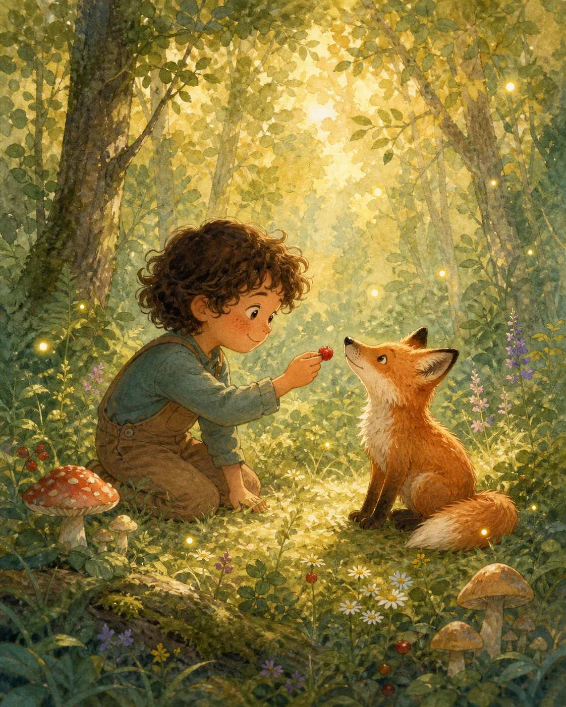 Portrait storybook scene with a child offering a berry to a friendly fox in a woodland clearing