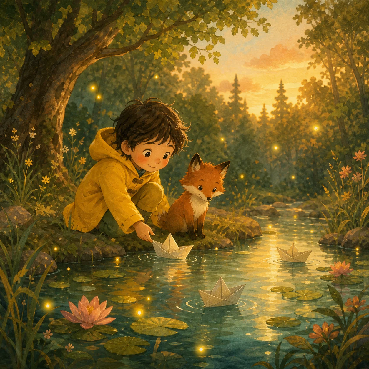 Square storybook scene with a child and a fox arranged safely away from the page edges