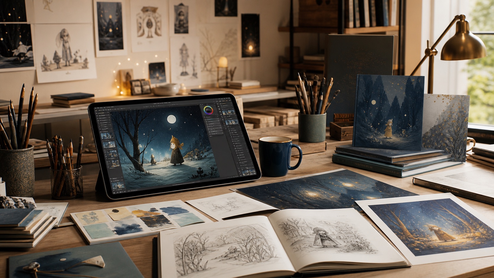 Artist-directed AI book studio with book pages, sketches, and digital artwork