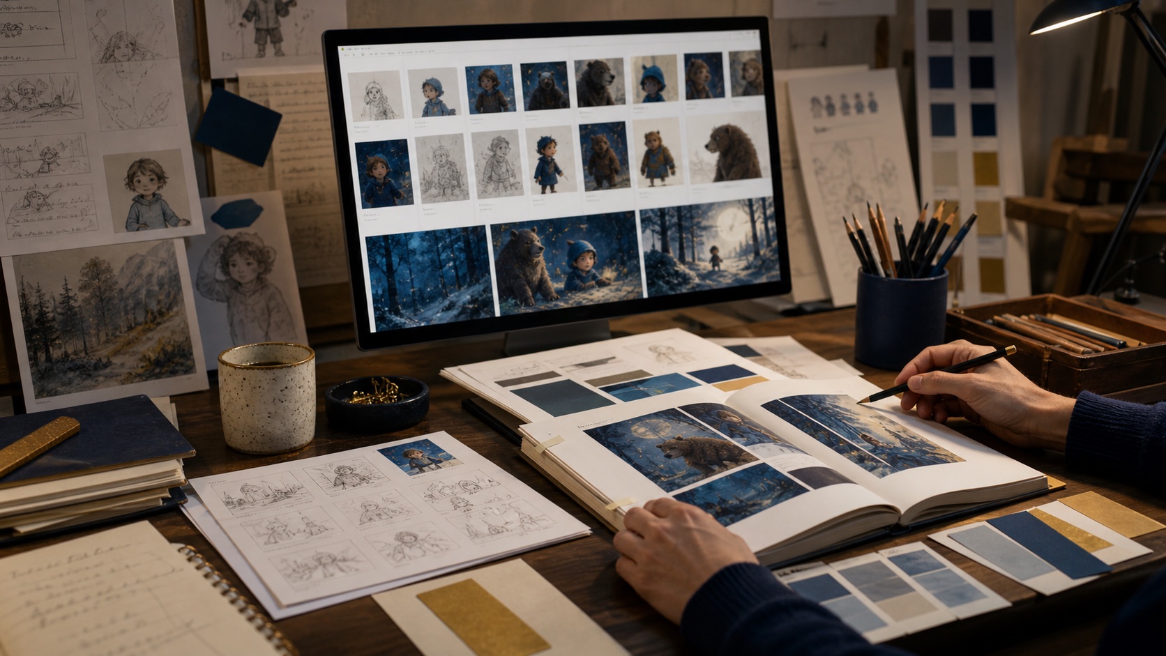 Artist-directed AI workflow with storyboards, character studies, layout grids, and selected book pages
