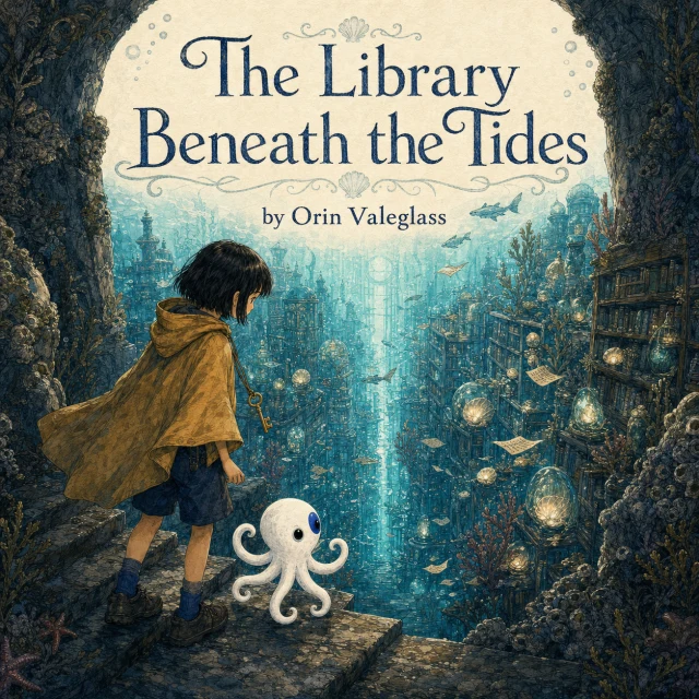 Fictional concept cover for The Library Beneath the Tides by the fictional author Orin Valeglass