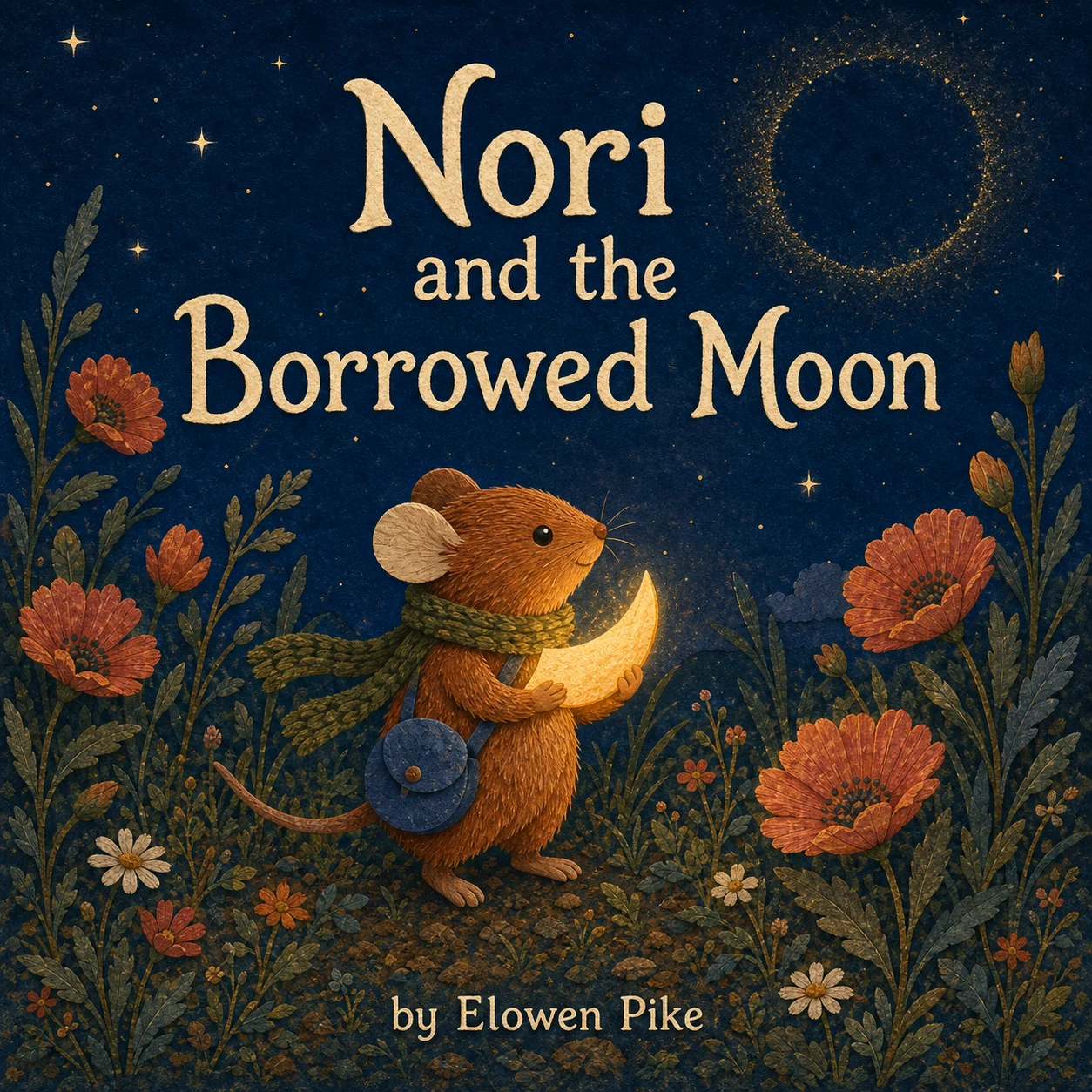 Fictional cover for Nori and the Borrowed Moon, showing a small mouse holding a glowing crescent moon