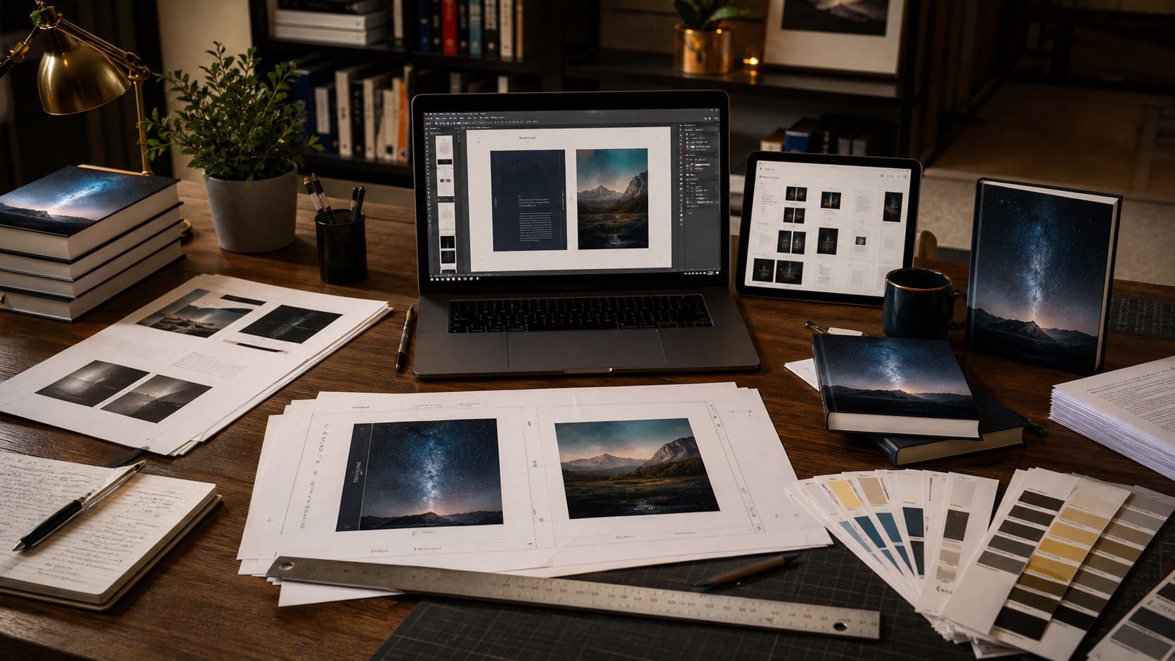 Book production desk with page proofs, color samples, cover mockups, and publishing files