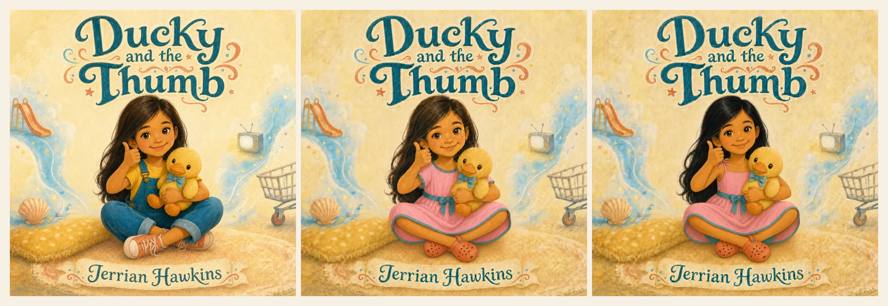Three Ducky and the Thumb cover stages showing a controlled wardrobe revision