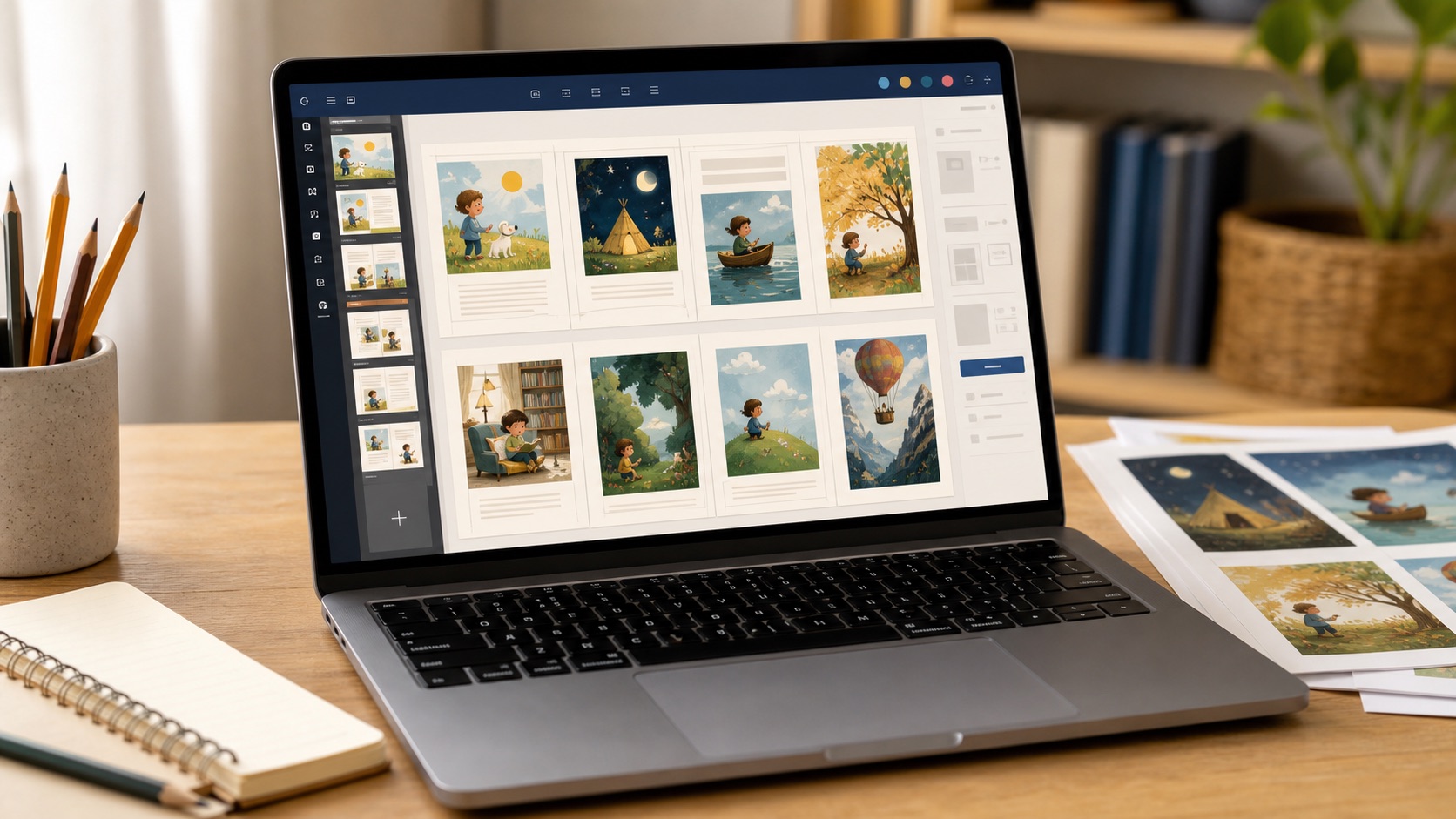 Free book layout app preview with pages, artwork panels, and print-ready export tools