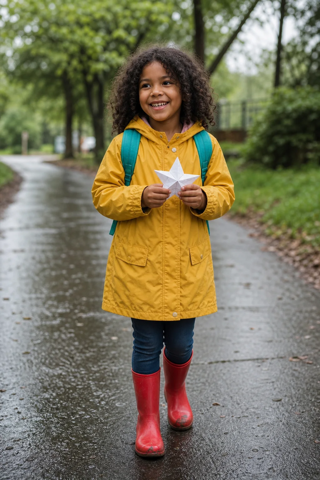 Fictional AI-generated reference photo of a child in a yellow raincoat holding a paper star