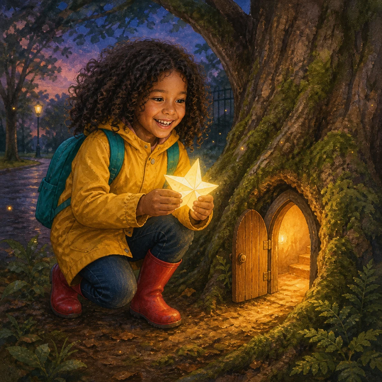 Storybook transformation of the same fictional child discovering a glowing tree door