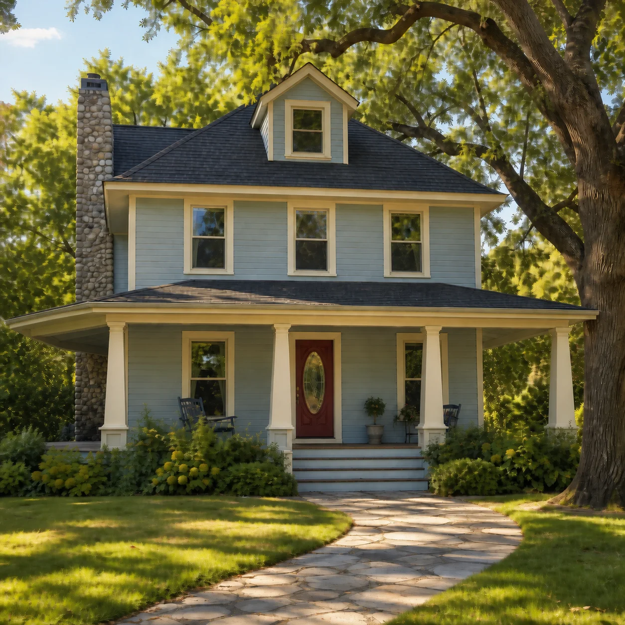 Fictional AI-generated reference photo of a pale-blue Craftsman house with a porch and brick chimney