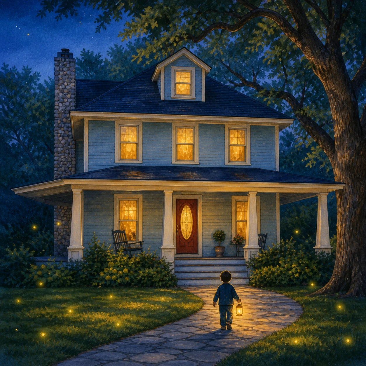 Illustrated story page preserving the fictional house’s architecture in a magical blue-hour setting