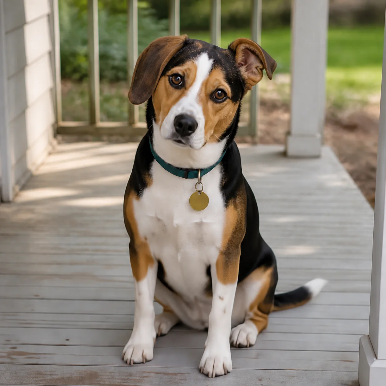 Fictional AI-generated reference photo of a tricolor beagle-mix dog with a teal collar
