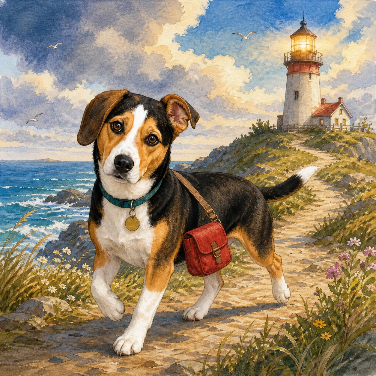 Illustrated story page preserving the fictional dog’s markings, ears, teal collar, and brass tag on a lighthouse path