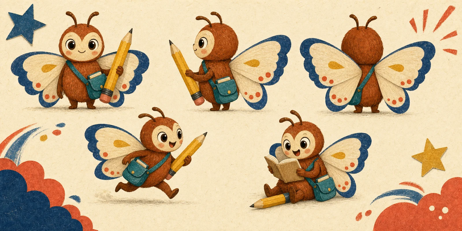Pip character reference showing repeatable front, side, and expression details