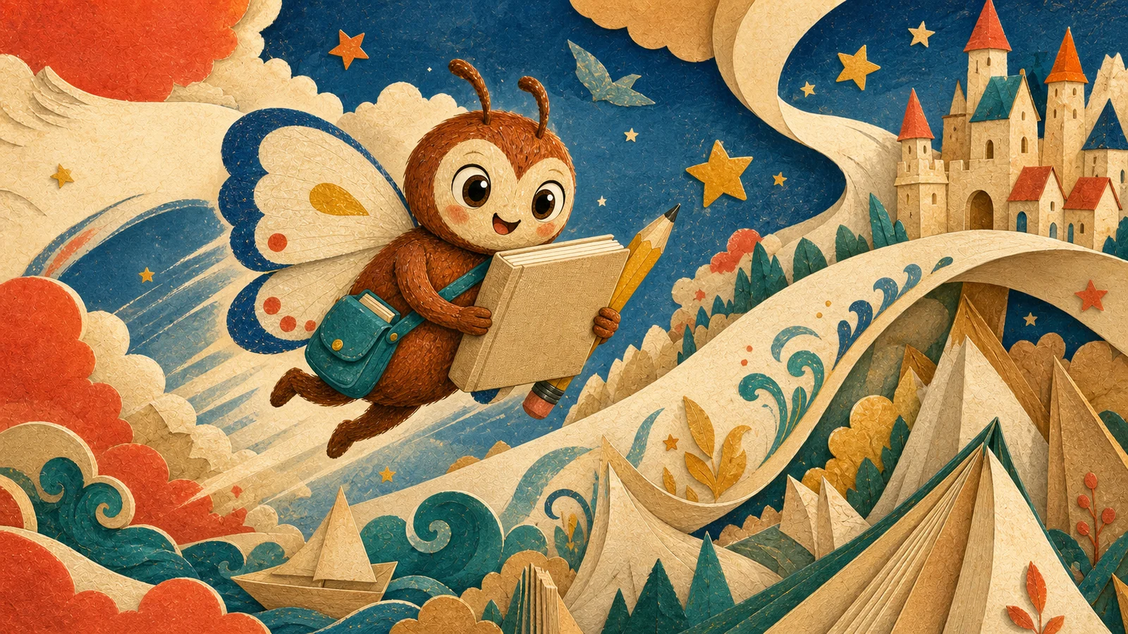 Pip carrying a finished book through a layered cut-paper world
