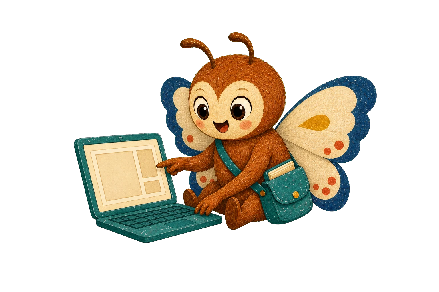 Pip working on a children's book layout at a laptop