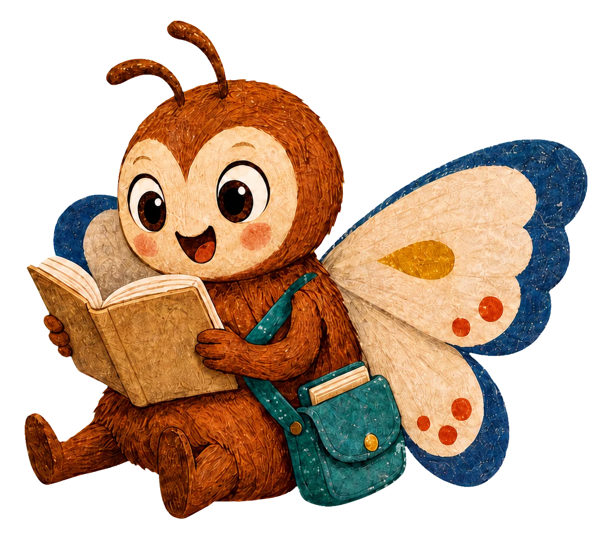 Pip the story moth sitting with an open book and teal sketchbook satchel