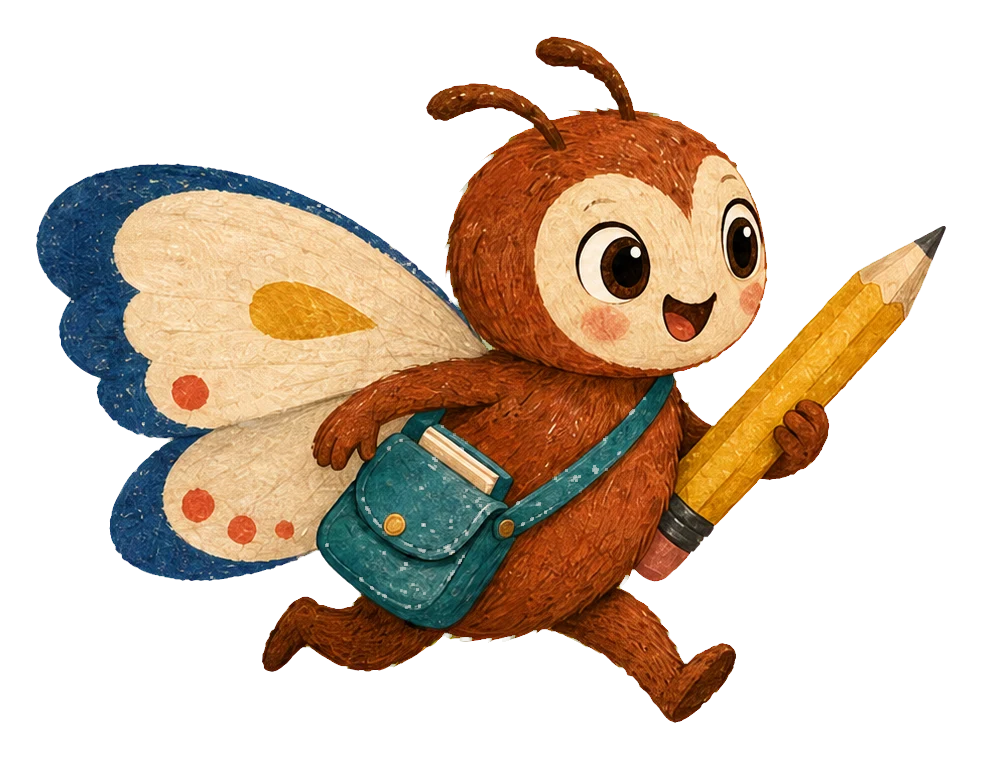 Pip the story moth running forward with a large gold pencil