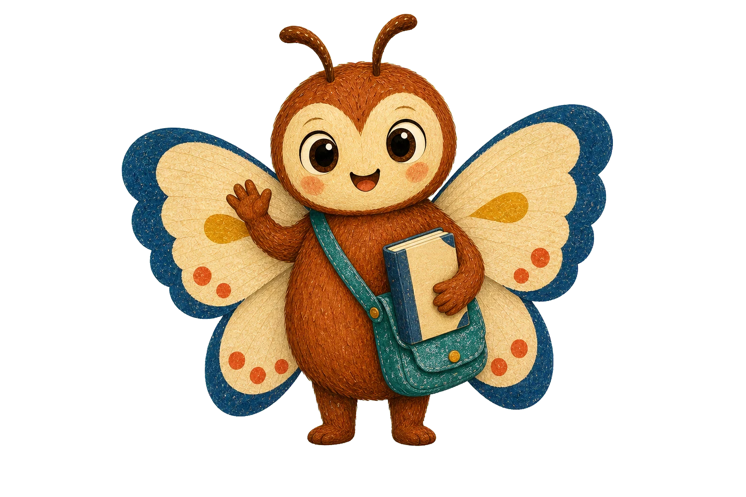 Pip the story moth waves hello while holding a finished book