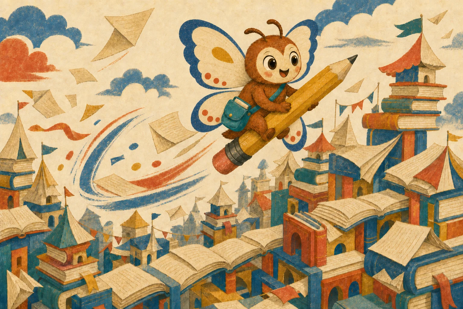 Pip flying over a book-built city in a bold screen-print style