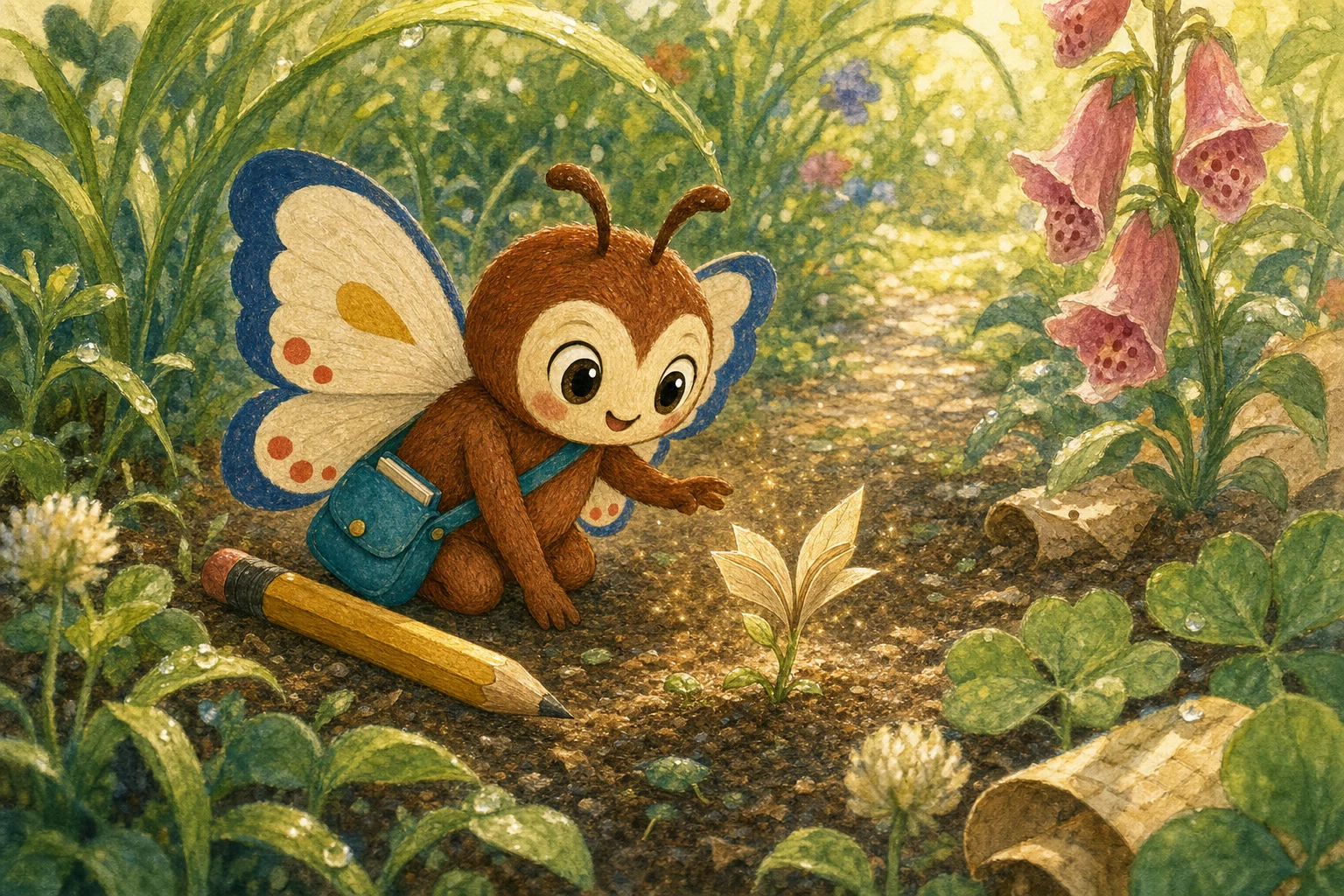 Pip discovering a story seed in a watercolor garden
